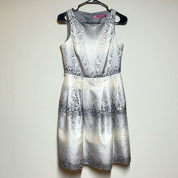 NWT Eliza J New York Brocade Jacquard Fit & Flare Grey Cocktail Dress Sz 4 - Picture 1 of 7